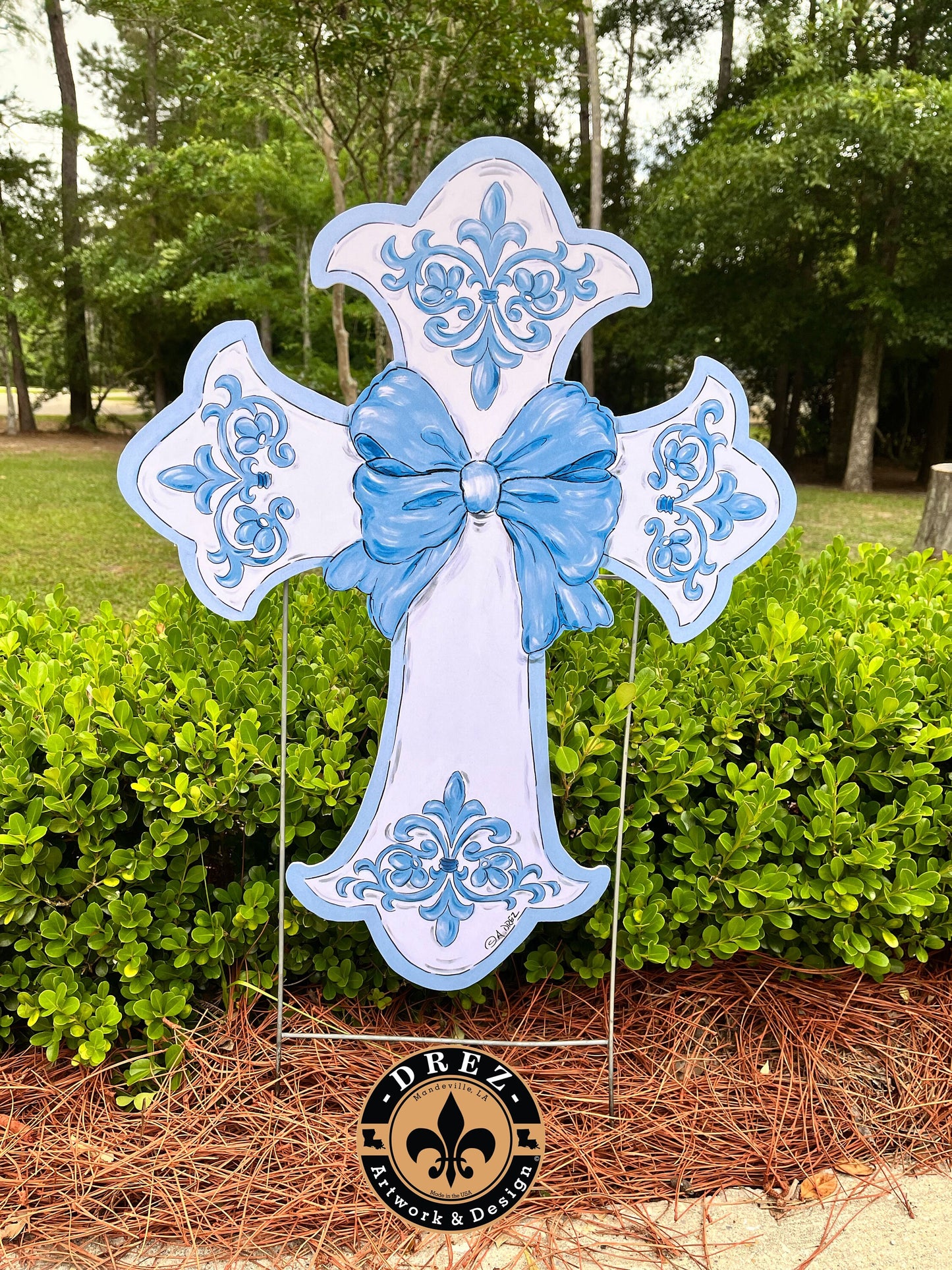 Cross Yard Stake, Baby Boy, Blue, Baptism, Catholic, Christian, Drez Artwork, Blue Bow, Waterproof, Garden, Religious, Chinoiserie