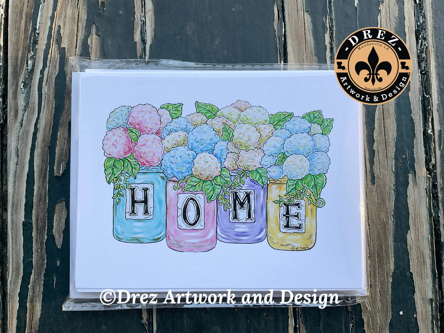 Hydrangea, Mason Jars, Notecards, Note Cards, Home, Nola Street Tiles, Wholesale Available, Nola, Floral, Flowers, Made in Louisiana, Drez