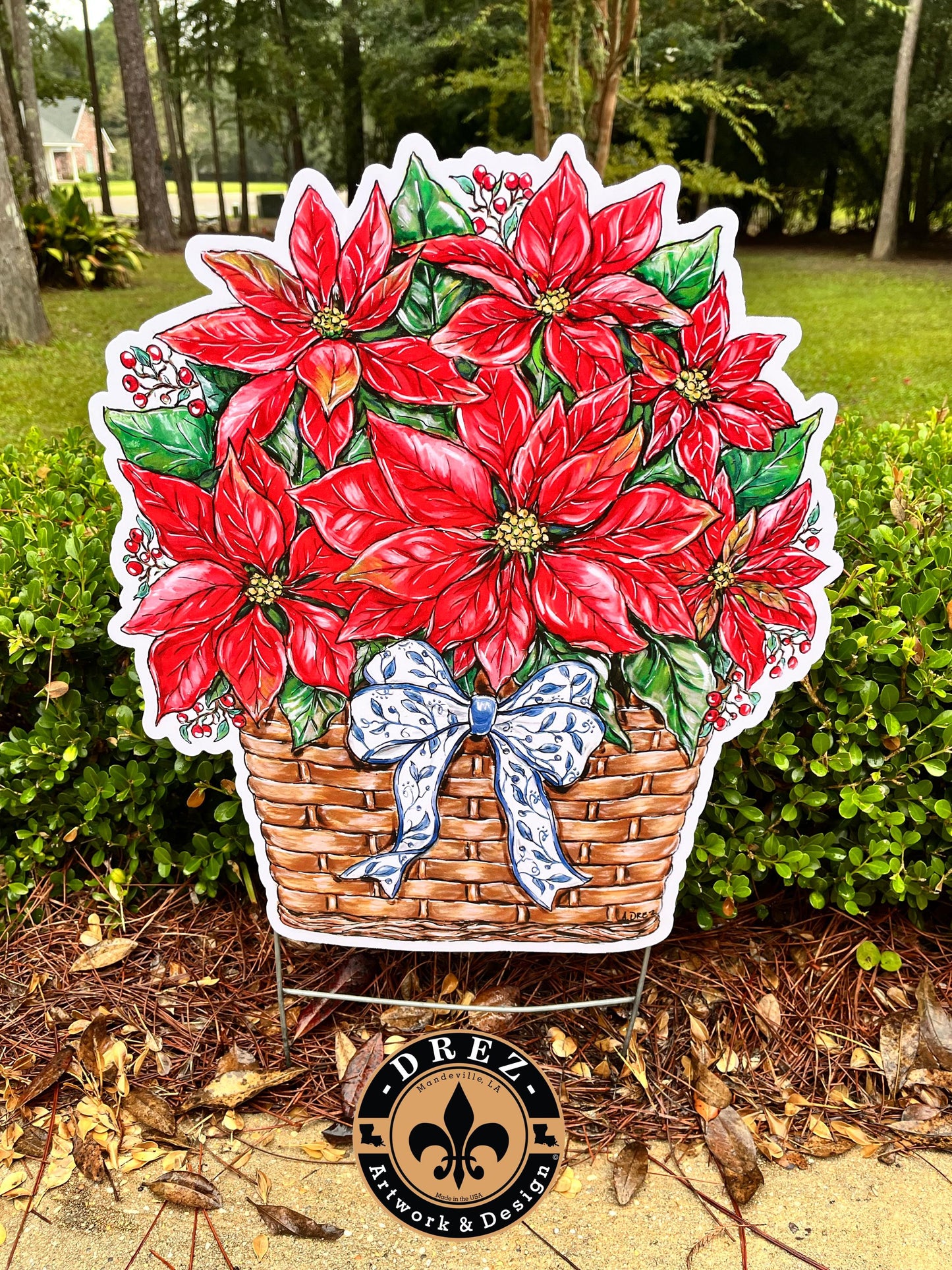 Poinsettia Blue/White Bow Christmas Yard Stake