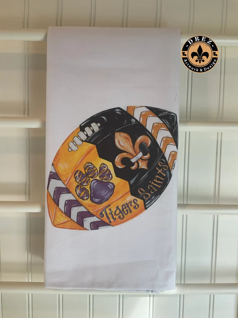 Football- 1/2 Black & Gold 1/2 Purple & Gold Tea Towel