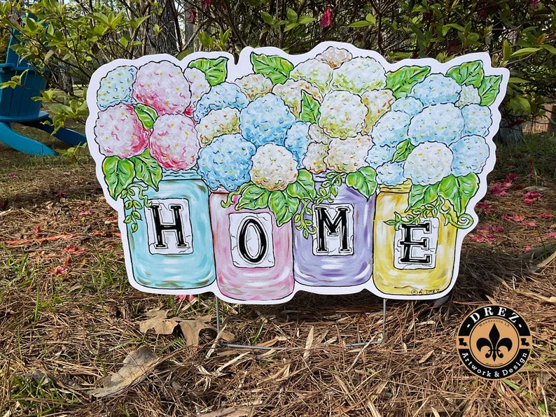 Hydrangea Mason Jar "Home" Yard Stake