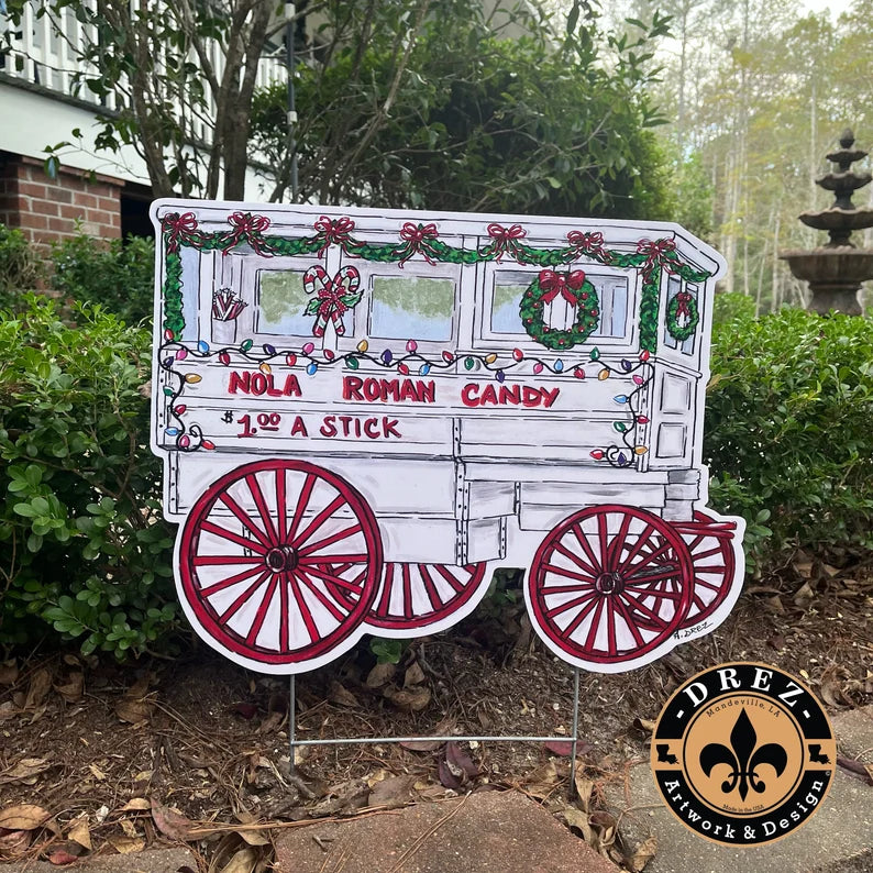 Christmas Roman Candy Cart Yard Stake