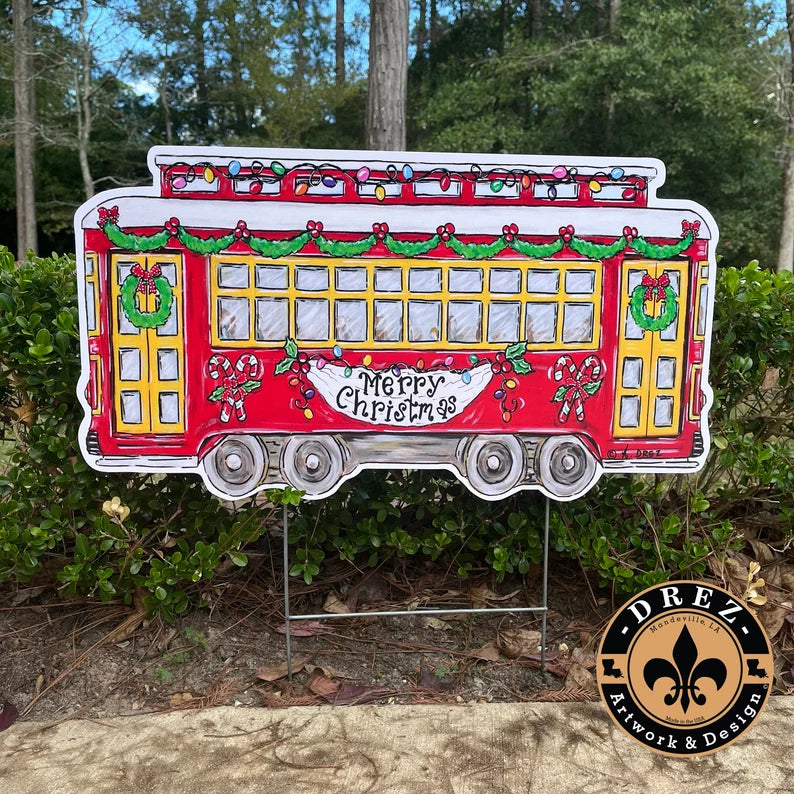 Christmas Streetcar Red Horizontal Yard Stake
