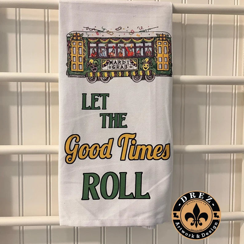 Mardi Gras Streetcar "Let The Good Times Roll" Mask Tea Towel