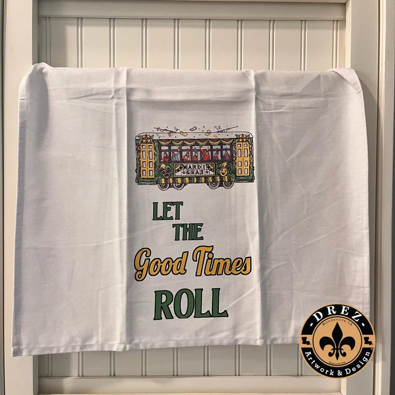 Mardi Gras Streetcar "Let The Good Times Roll" Mask Tea Towel