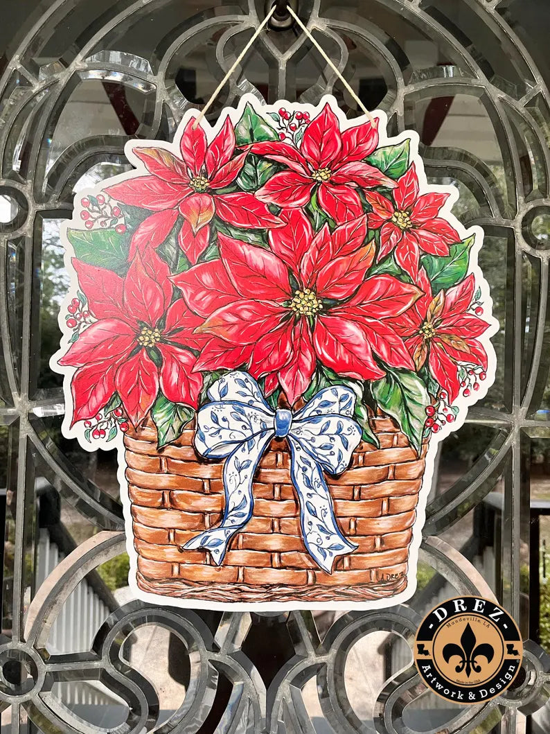 Poinsettia Blue/White Bow Christmas Door Hanger