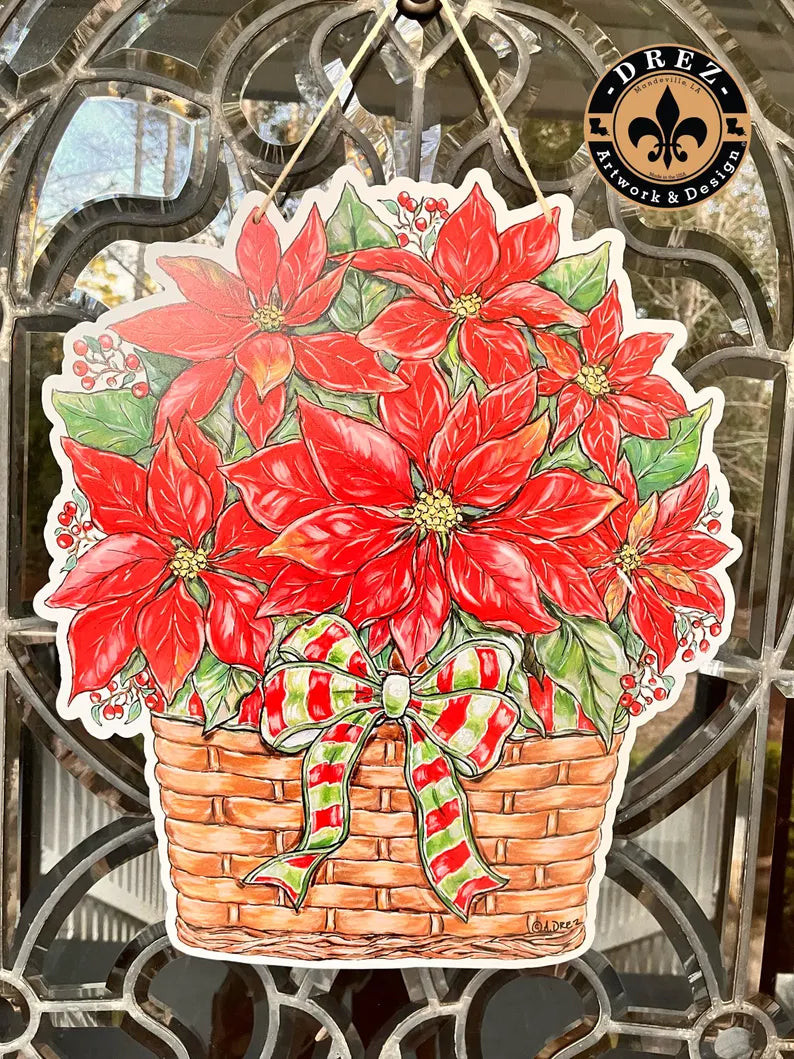 Poinsettia Red/Green Bow Christmas Door Hanger