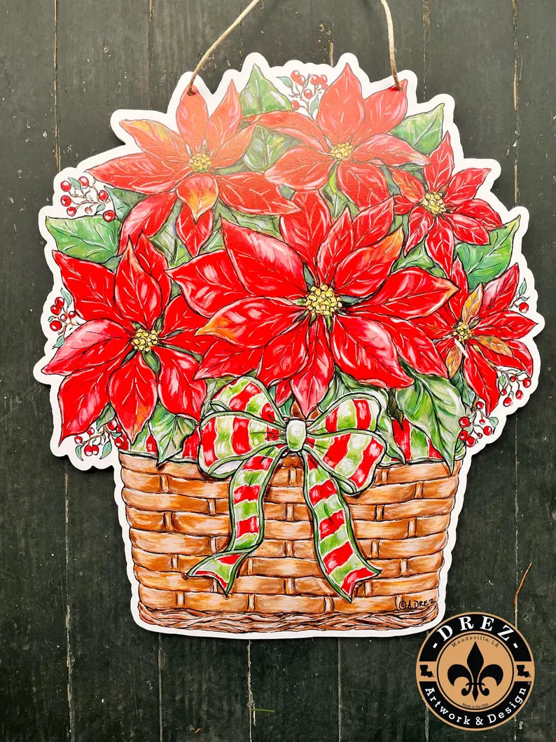 Poinsettia Red/Green Bow Christmas Door Hanger
