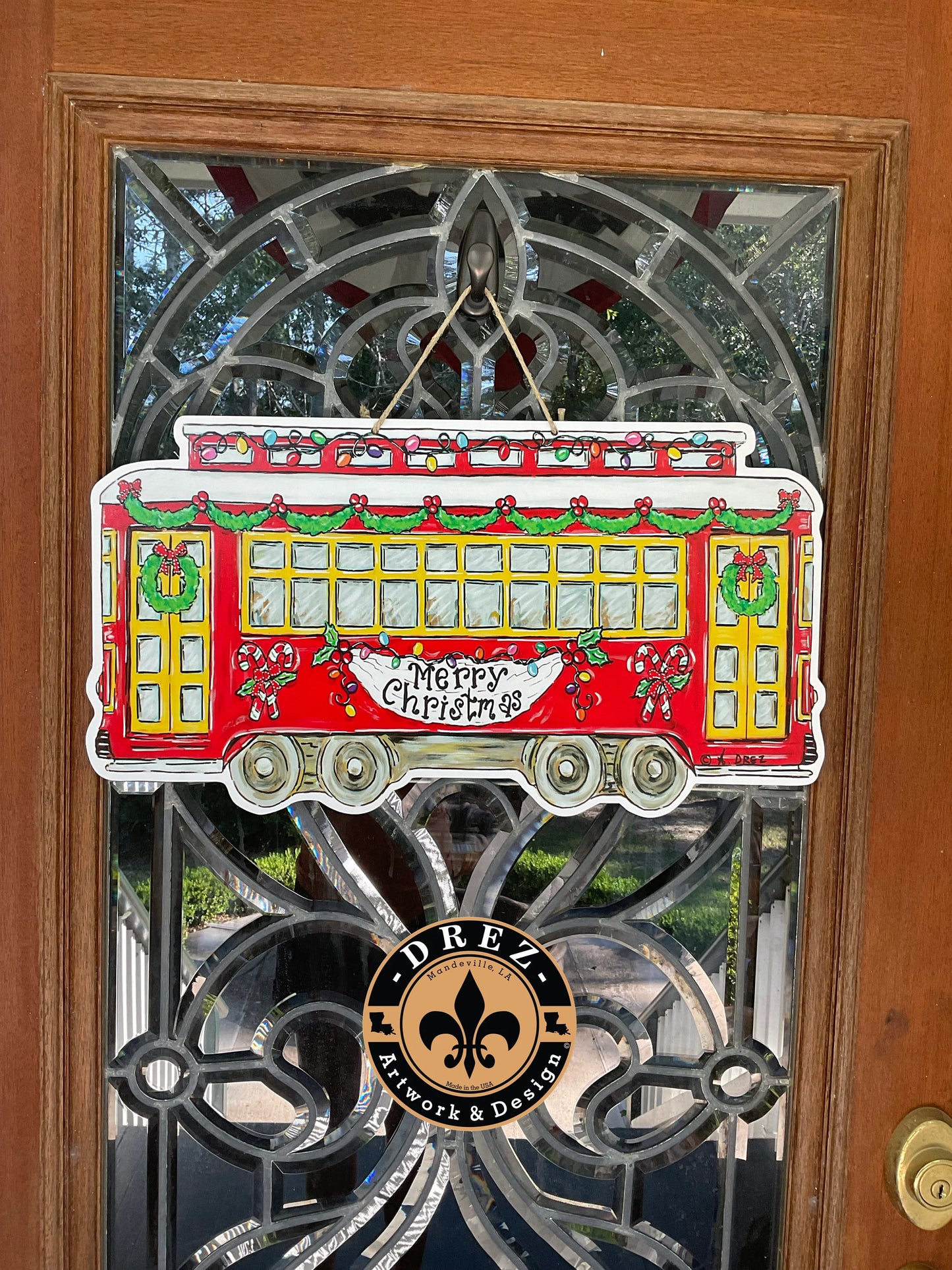 Christmas Streetcar Red Horizontal Door Hanger