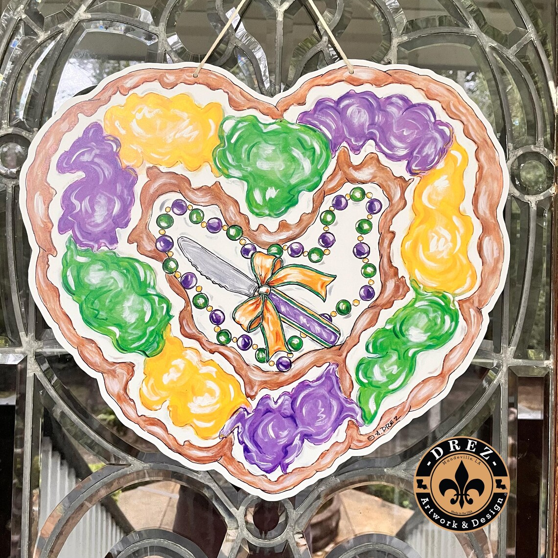 Mardi Gras King Cake Heart Door Hanger