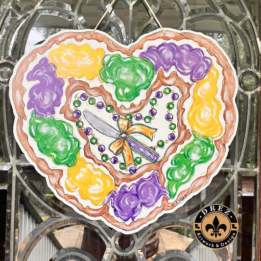 Mardi Gras King Cake Heart Door Hanger