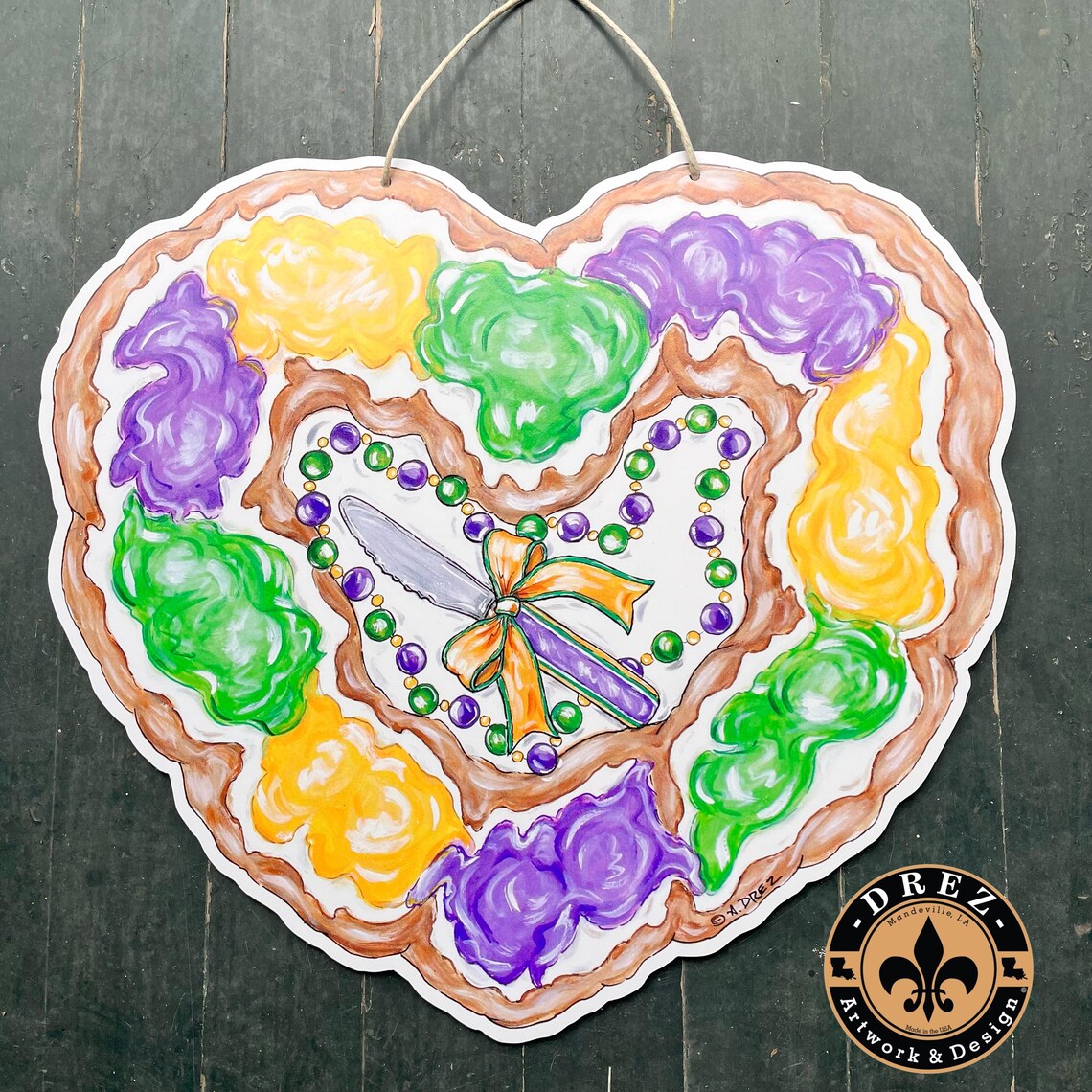 Mardi Gras King Cake Heart Door Hanger