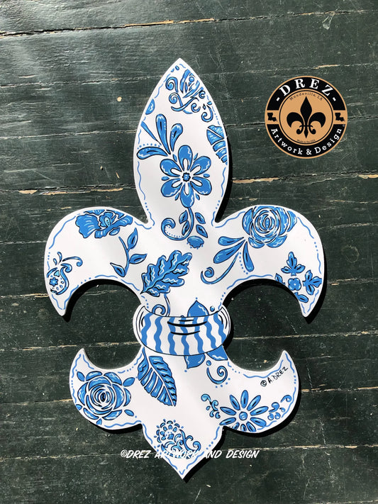 Fleur De Lis Blue/White Floral Door Hanger