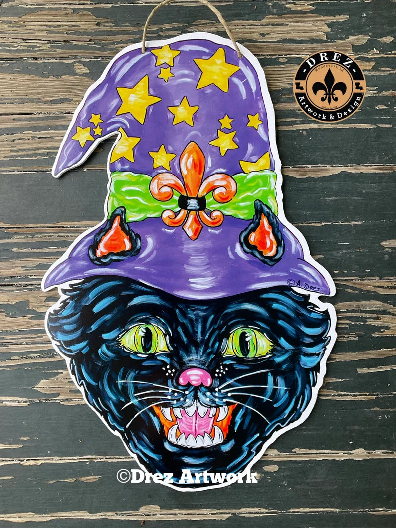 Halloween Cat w/Witch Hat Door Hanger