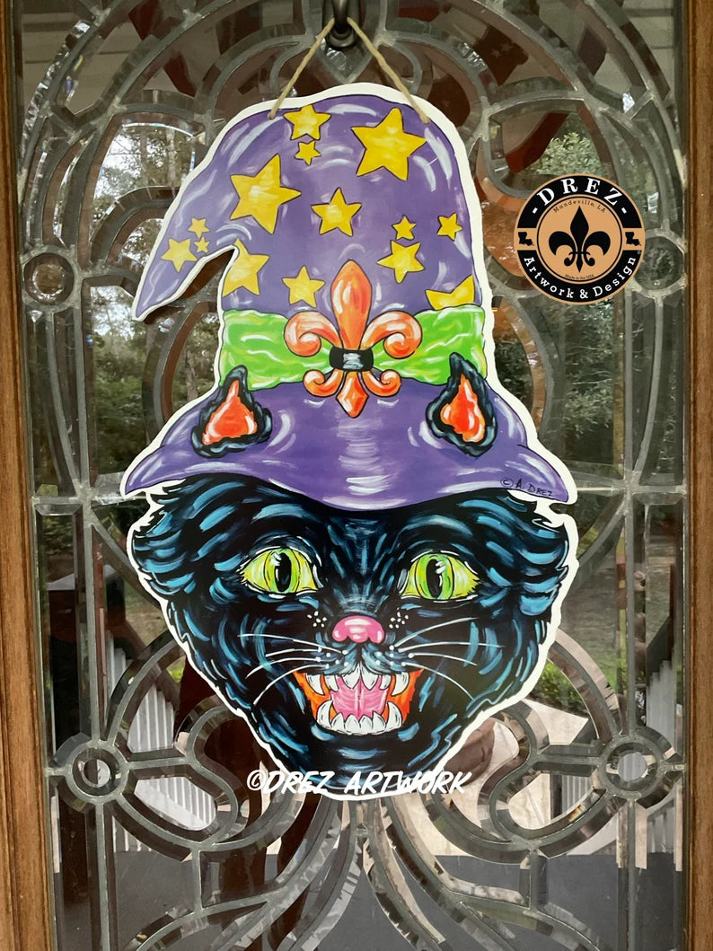 Halloween Cat w/Witch Hat Door Hanger