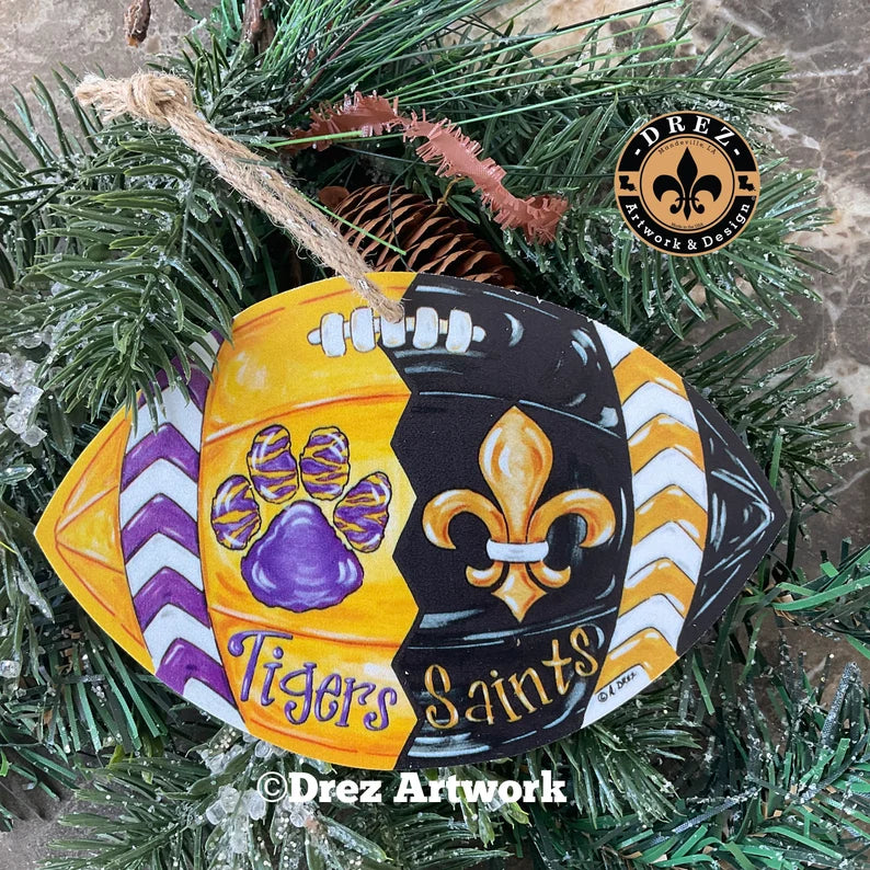 Football- 1/2 Black & Gold 1/2 Purple & Gold Ornament