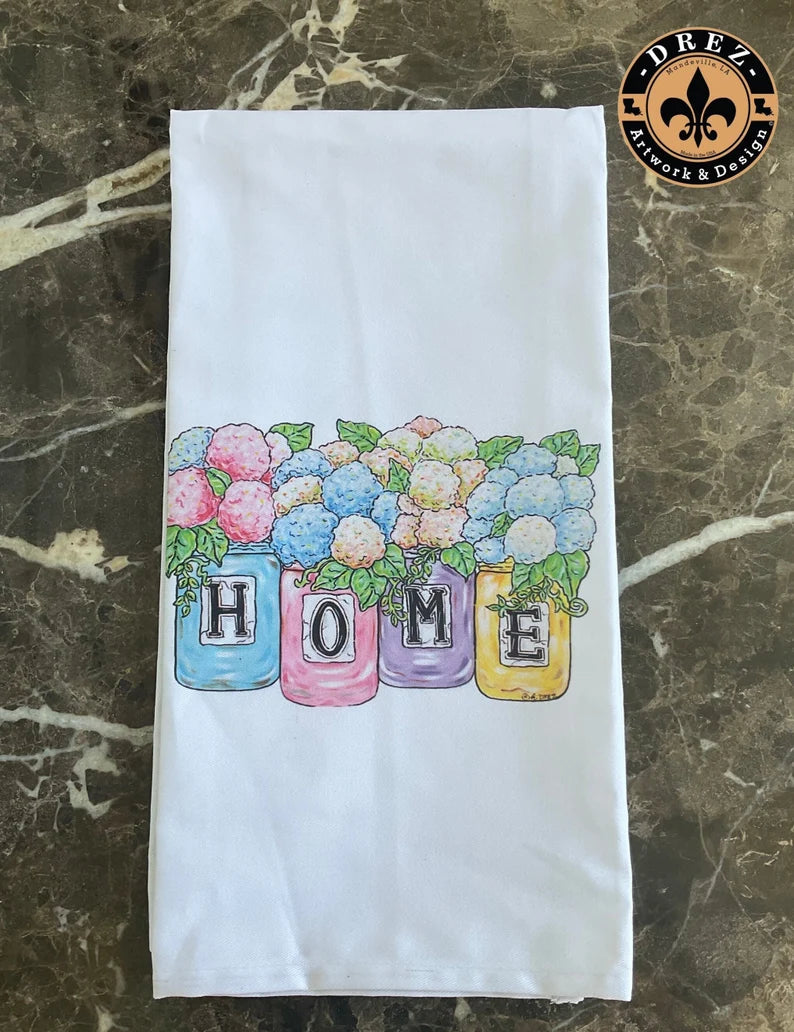 Hydrangea Mason Jars "Home" Tea Towel