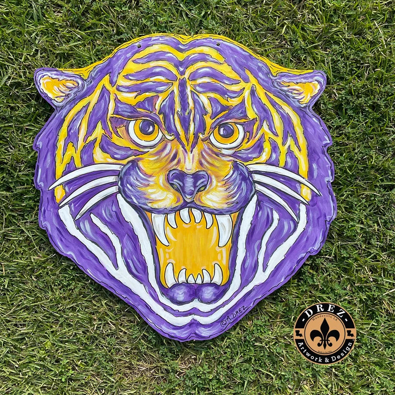 Tiger Face- Purple & Gold Door Hanger