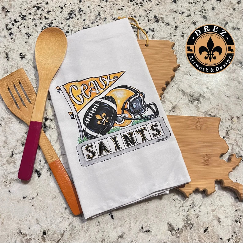 Football Collage- Black & Gold Tea Towel