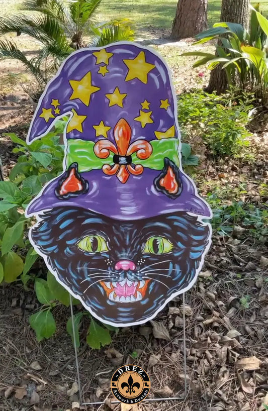 Halloween Cat w/Witch Hat Yard Stake