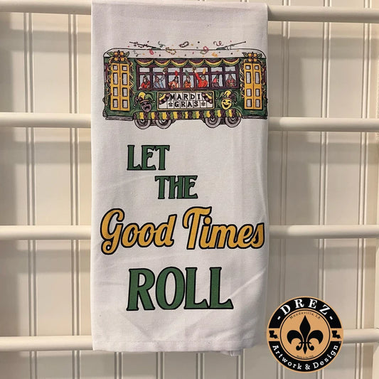 Mardi Gras Streetcar "Let The Good Times Roll" Mask Tea Towel