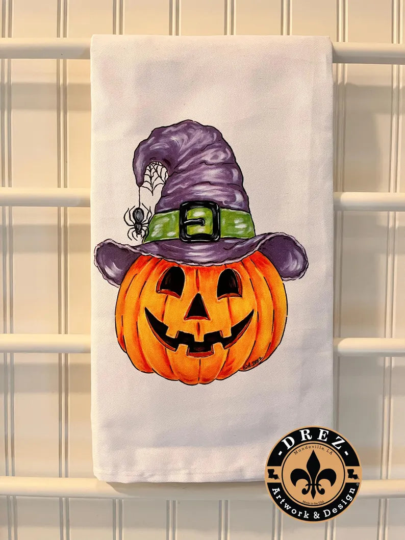 Pumpkin w/Witch Hat Tea Towel