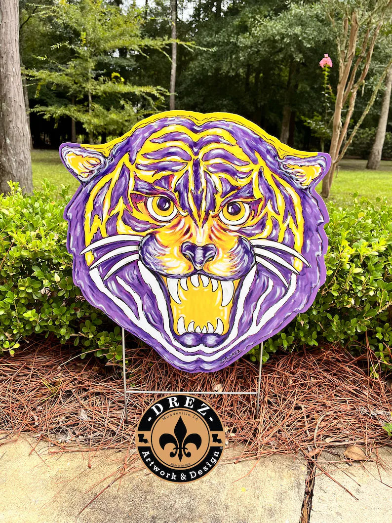 Tiger Face- Purple & Gold Yard Stake
