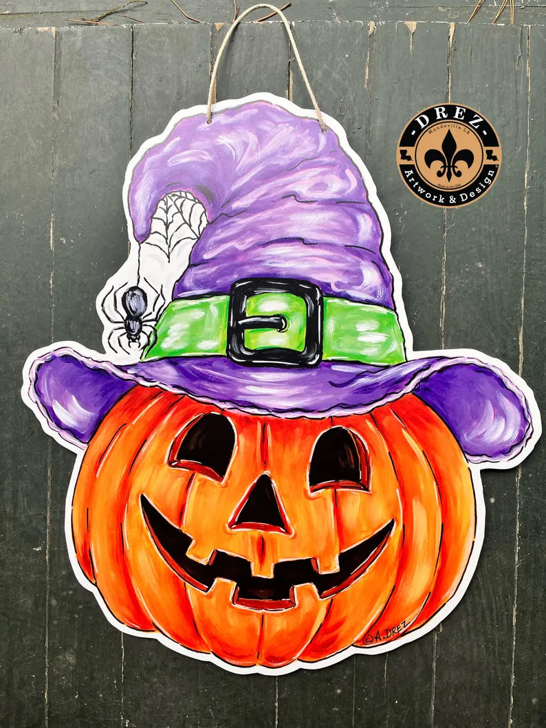Pumpkin w/Witch Hat Door Hanger