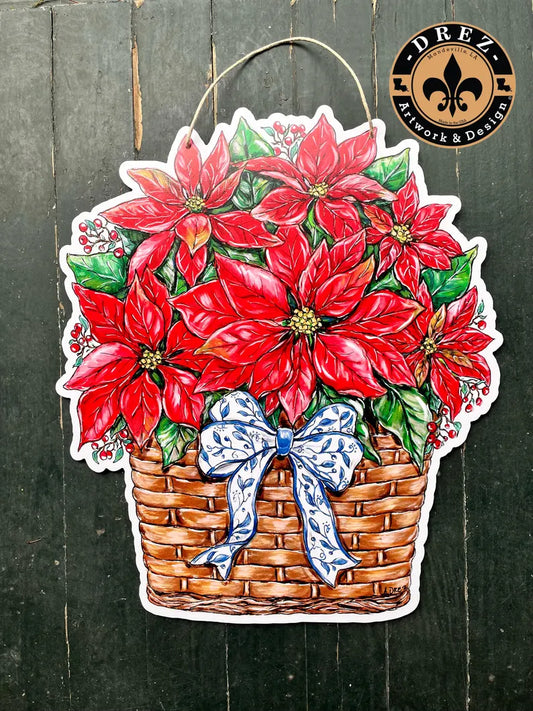 Poinsettia Blue/White Bow Christmas Door Hanger