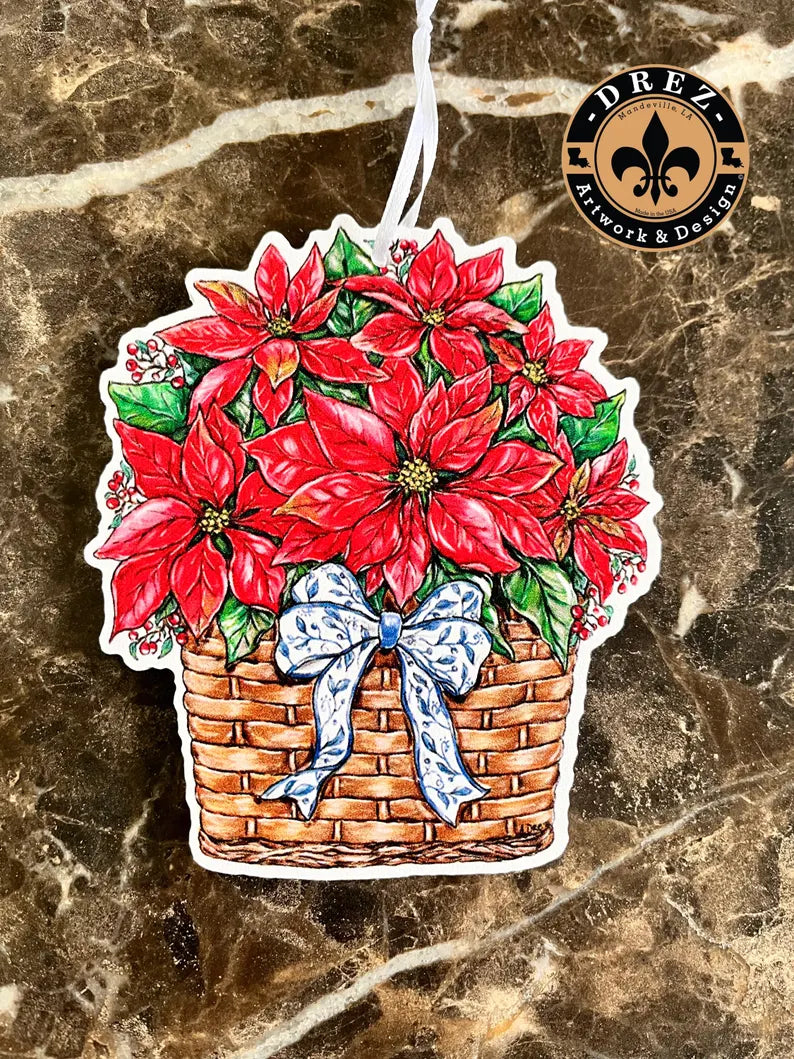 Poinsettia Blue/White Bow Christmas Ornament
