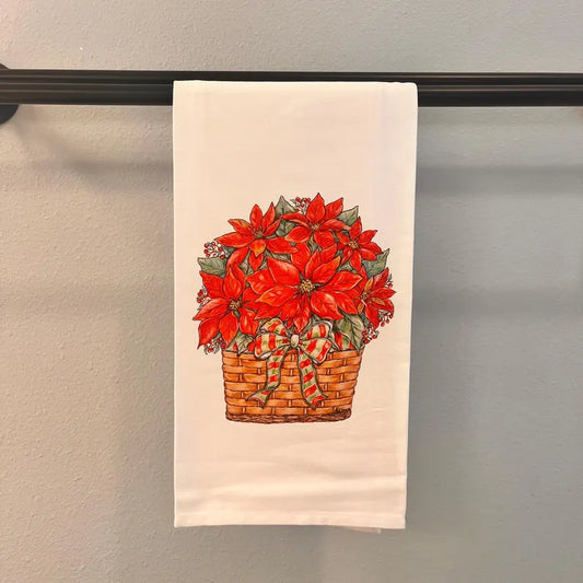 Poinsettia Red/Green Bow Christmas Tea Towel