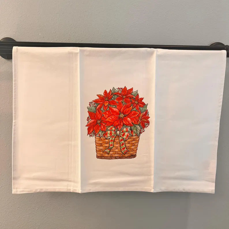 Poinsettia Red/Green Bow Christmas Tea Towel
