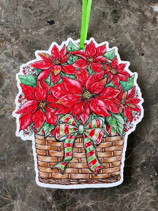 Poinsettia Red/Green Bow Christmas Ornament