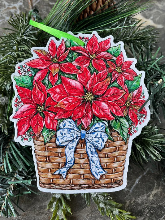 Poinsettia Blue/White Bow Christmas Ornament