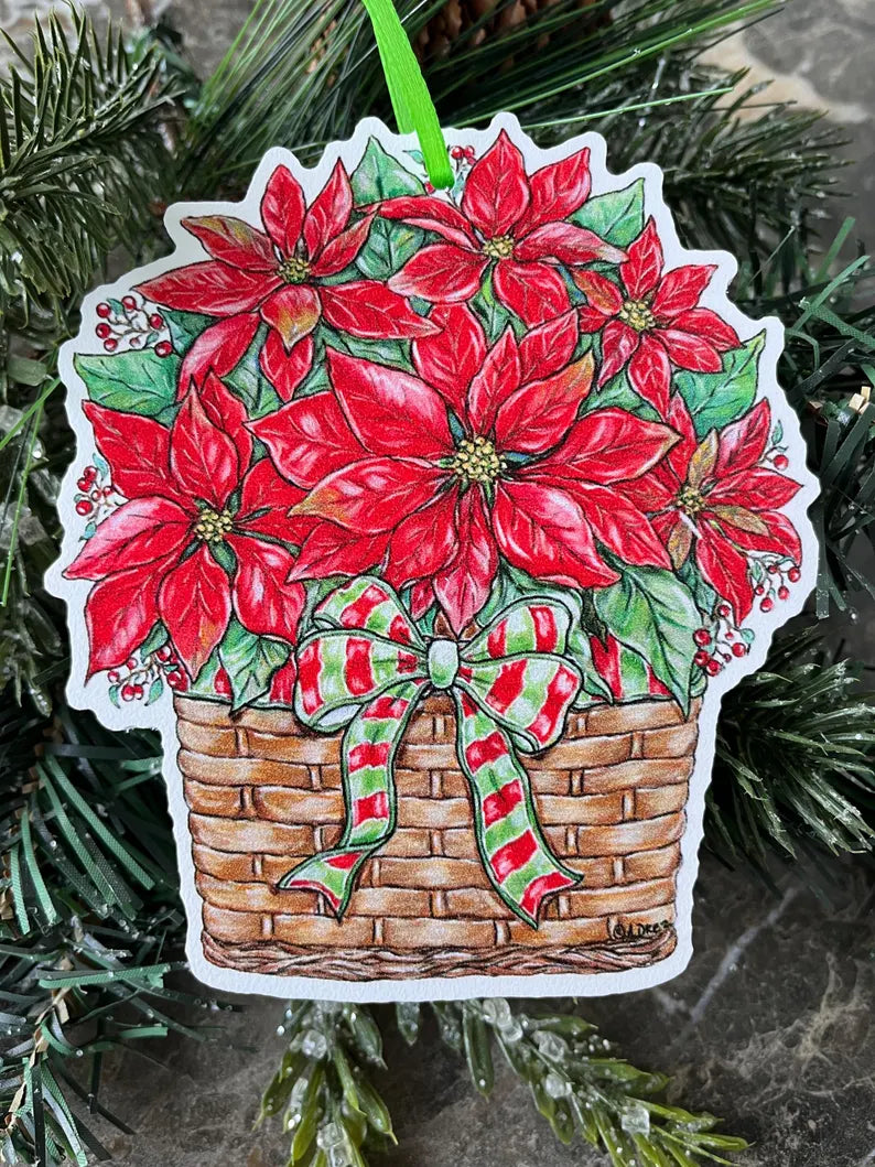 Poinsettia Red/Green Bow Christmas Ornament