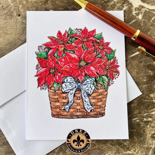 Poinsettia Blue/White Bow Christmas Notecards
