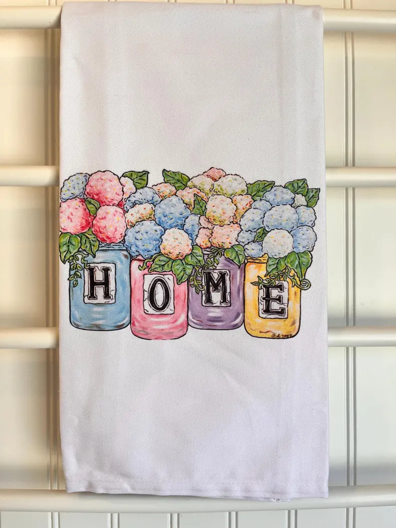 Hydrangea Mason Jars "Home" Tea Towel