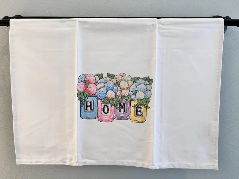 Hydrangea Mason Jars "Home" Tea Towel