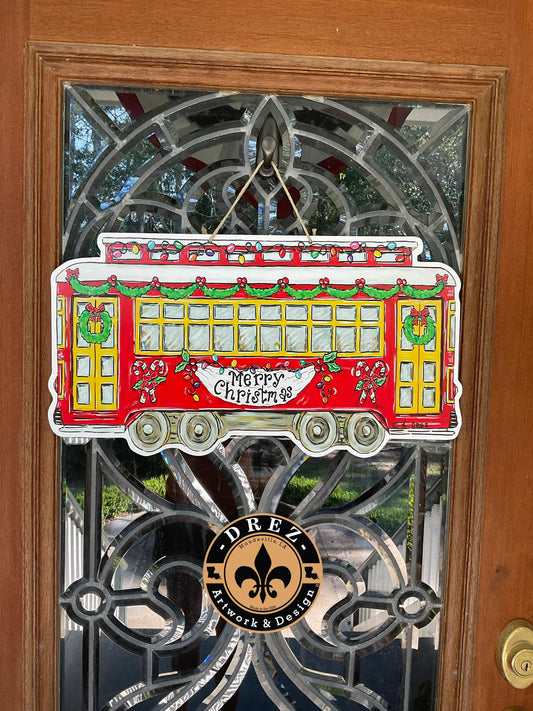 Christmas Streetcar Red Horizontal Door Hanger
