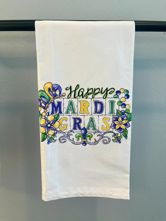 "Happy Mardi Gras" Sign Tea Towel